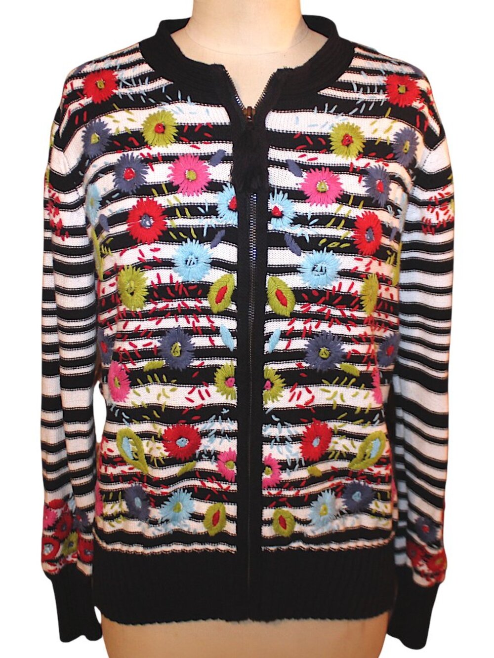 Acorn Heavy Floral Embroidered Striped Zip-Up Cardigan Sweater